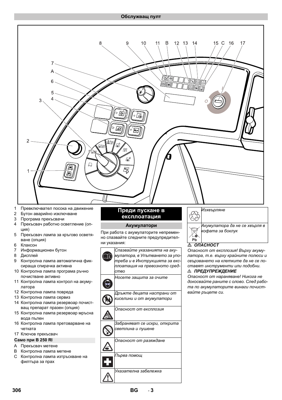 Обслужващ пулт, Само при b 250 ri, Преди пускане в експлоатация | Акумулатори | Karcher B 250 R I Bp User Manual | Page 306 / 376