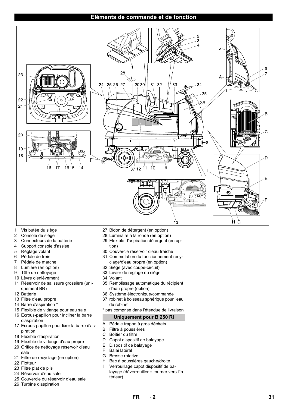 Eléments de commande et de fonction, Uniquement pour b 250 ri | Karcher B 250 R I Bp User Manual | Page 31 / 376