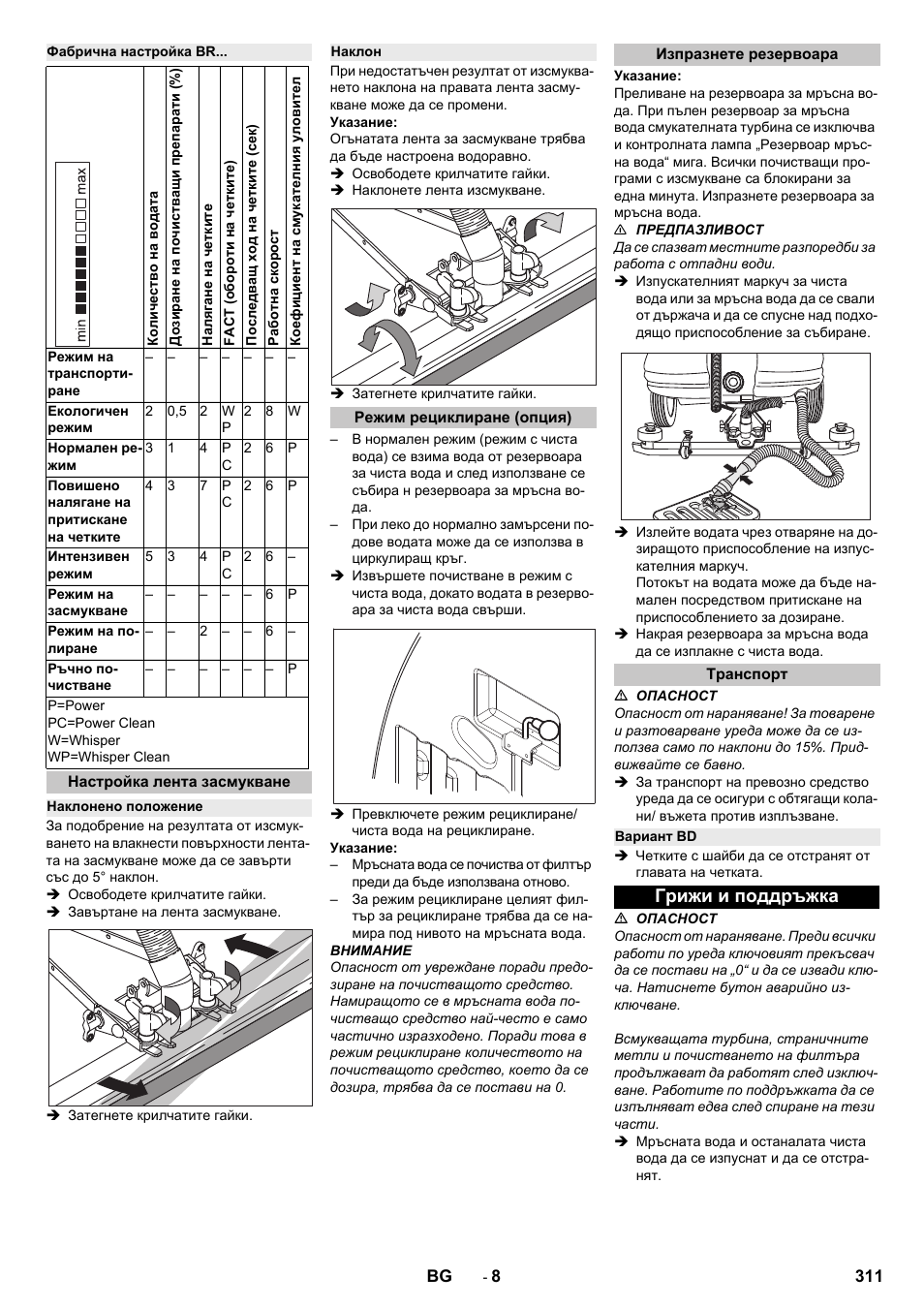Фабрична настройка br, Настройка лента засмукване, Наклонено положение | Наклон, Режим рециклиране (опция), Изпразнете резервоара, Транспорт, Вариант bd, Грижи и поддръжка | Karcher B 250 R I Bp User Manual | Page 311 / 376
