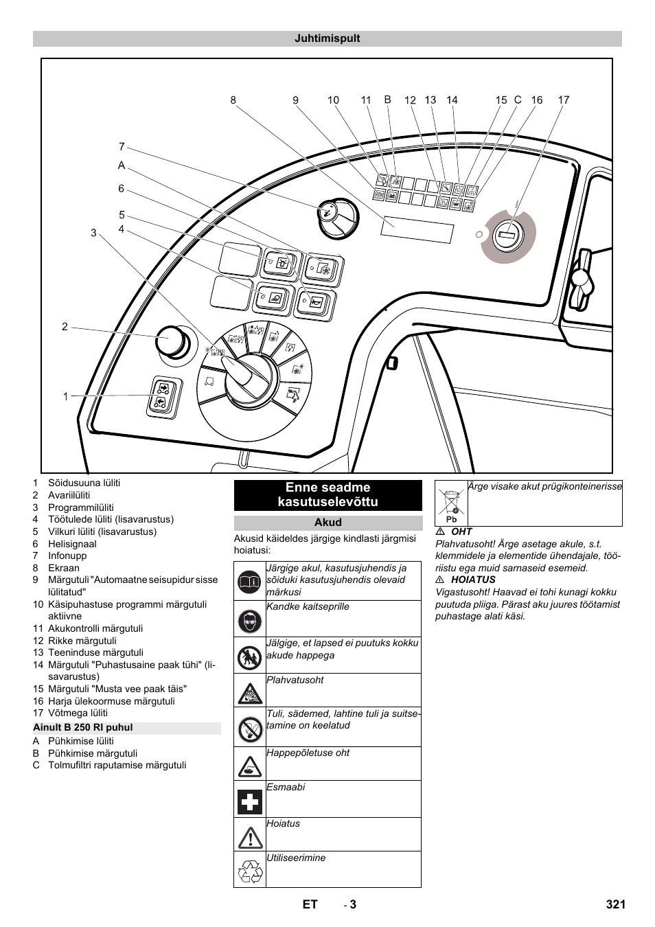 Juhtimispult, Ainult b 250 ri puhul, Enne seadme kasutuselevõttu | Akud | Karcher B 250 R I Bp User Manual | Page 321 / 376