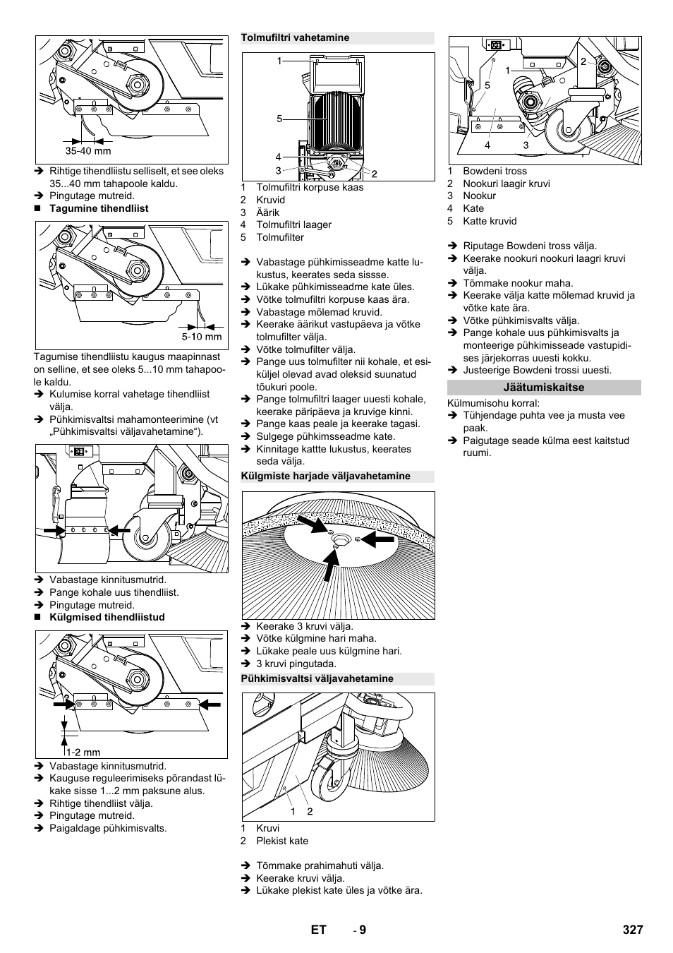 Tolmufiltri vahetamine, Külgmiste harjade väljavahetamine, Pühkimisvaltsi väljavahetamine | Jäätumiskaitse | Karcher B 250 R I Bp User Manual | Page 327 / 376