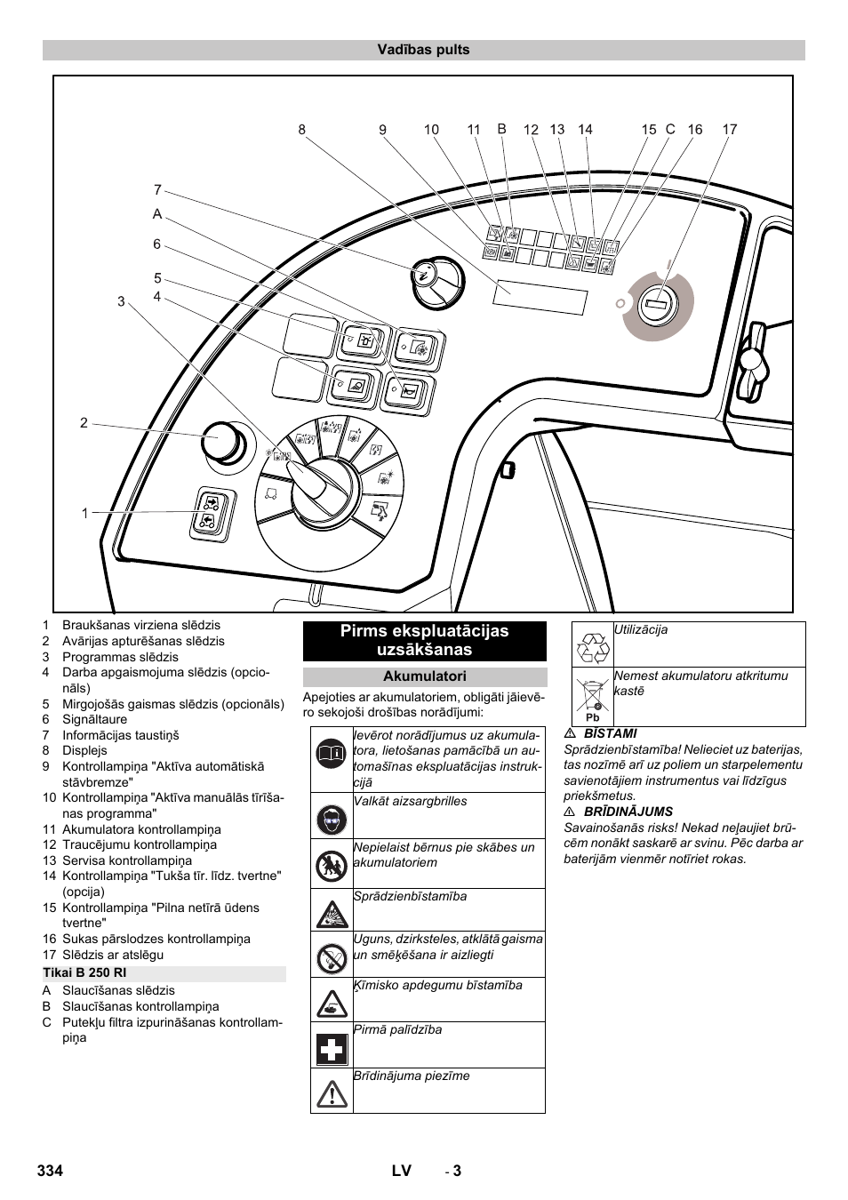 Vadības pults, Tikai b 250 ri, Pirms ekspluatācijas uzsākšanas | Akumulatori | Karcher B 250 R I Bp User Manual | Page 334 / 376