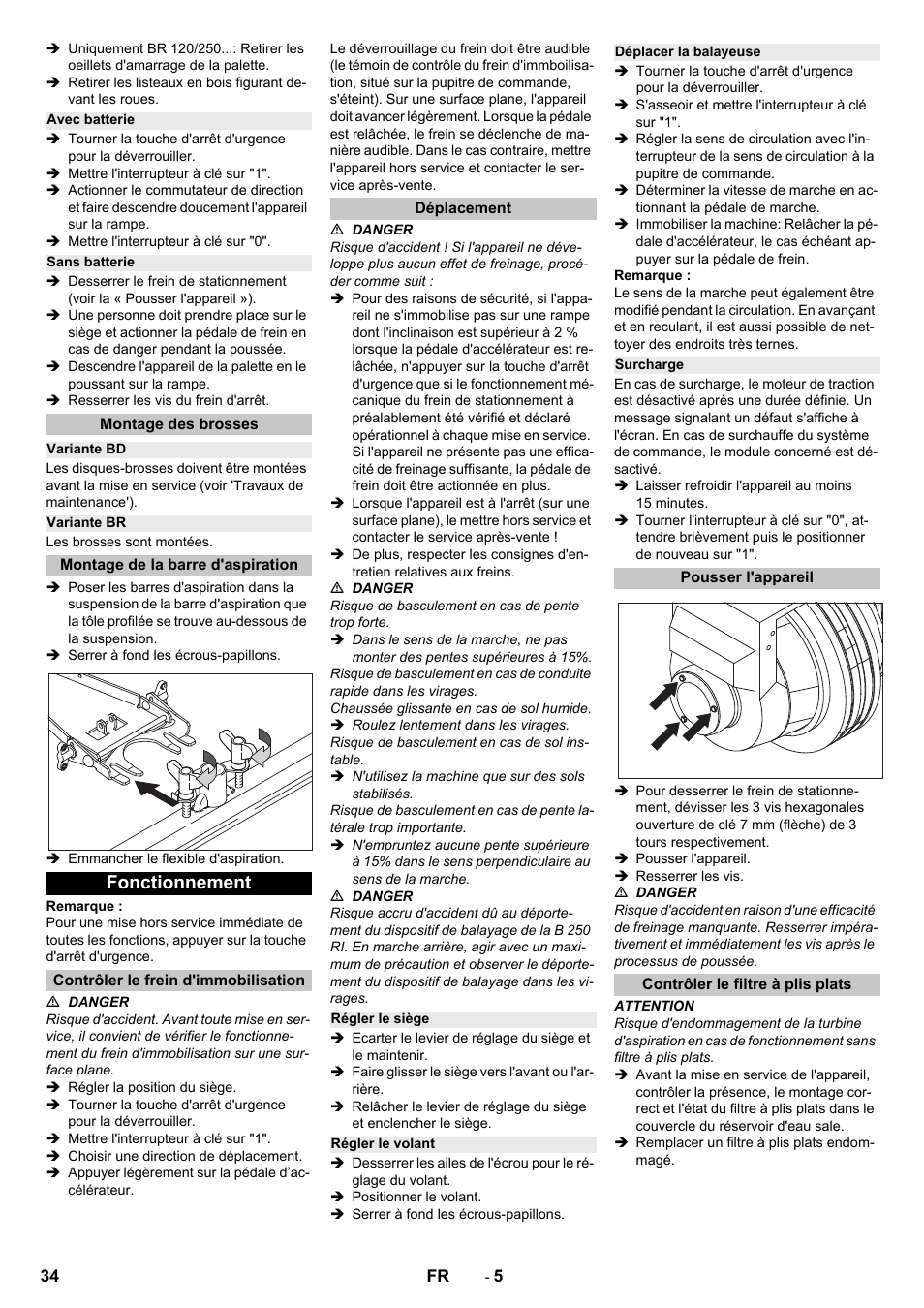 Avec batterie, Sans batterie, Montage des brosses | Variante bd, Variante br, Montage de la barre d'aspiration, Fonctionnement, Contrôler le frein d'immobilisation, Déplacement, Régler le siège | Karcher B 250 R I Bp User Manual | Page 34 / 376