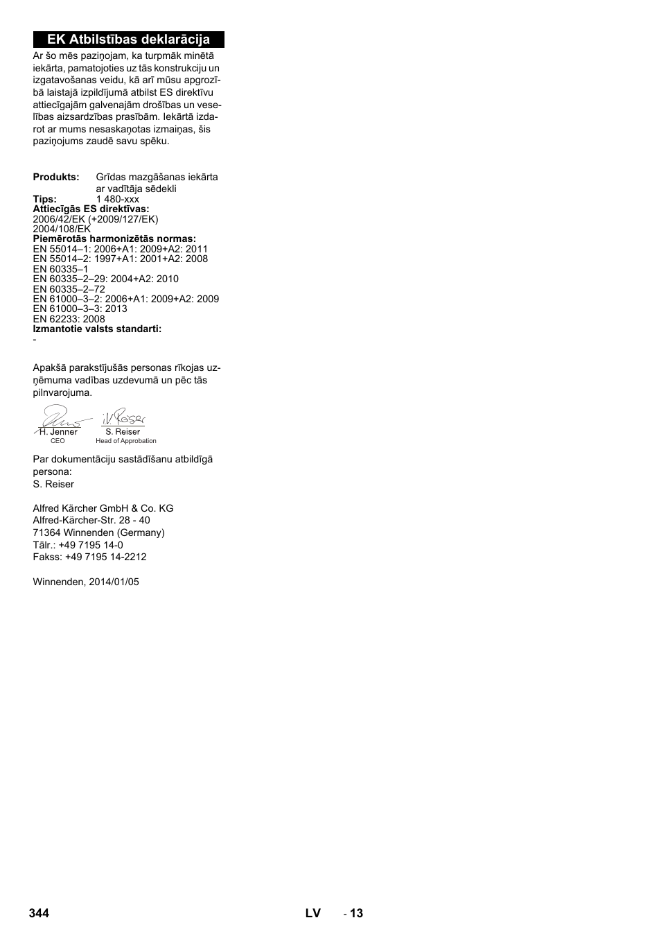 Ek atbilstības deklarācija | Karcher B 250 R I Bp User Manual | Page 344 / 376