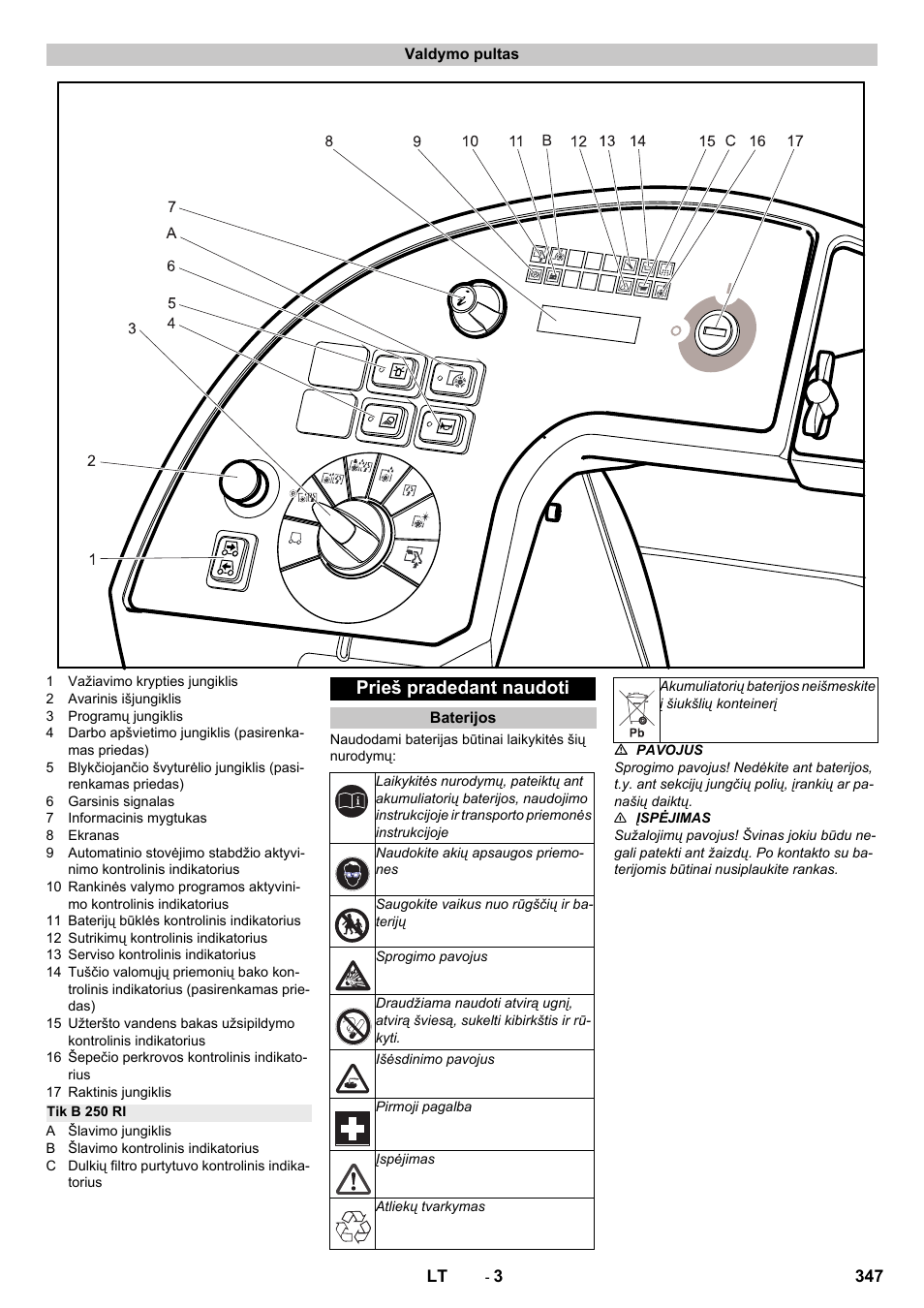 Valdymo pultas, Tik b 250 ri, Prieš pradedant naudoti | Baterijos | Karcher B 250 R I Bp User Manual | Page 347 / 376