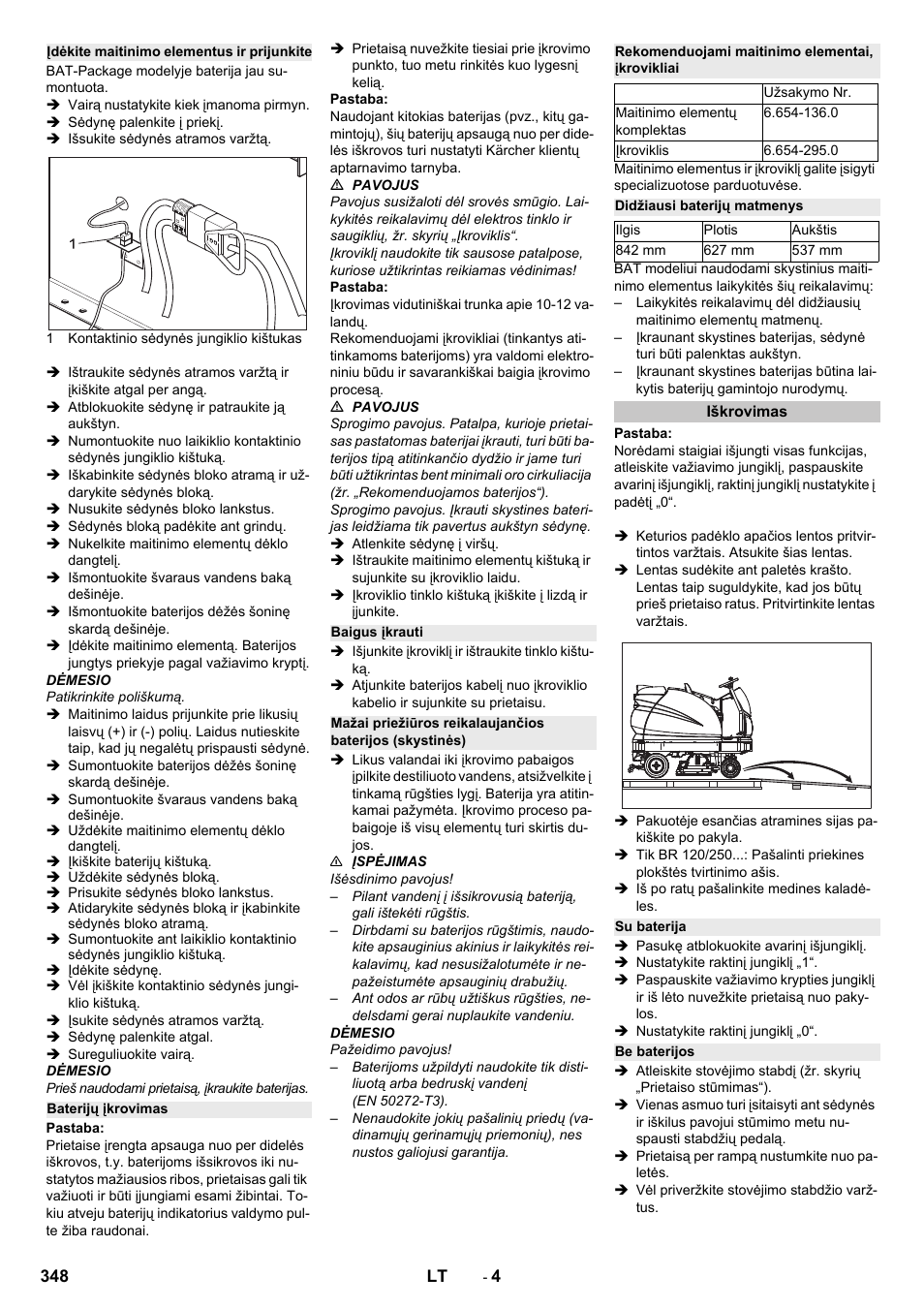 Įdėkite maitinimo elementus ir prijunkite, Baterijų įkrovimas, Baigus įkrauti | Rekomenduojami maitinimo elementai, įkrovikliai, Didžiausi baterijų matmenys, Iškrovimas, Su baterija, Be baterijos | Karcher B 250 R I Bp User Manual | Page 348 / 376