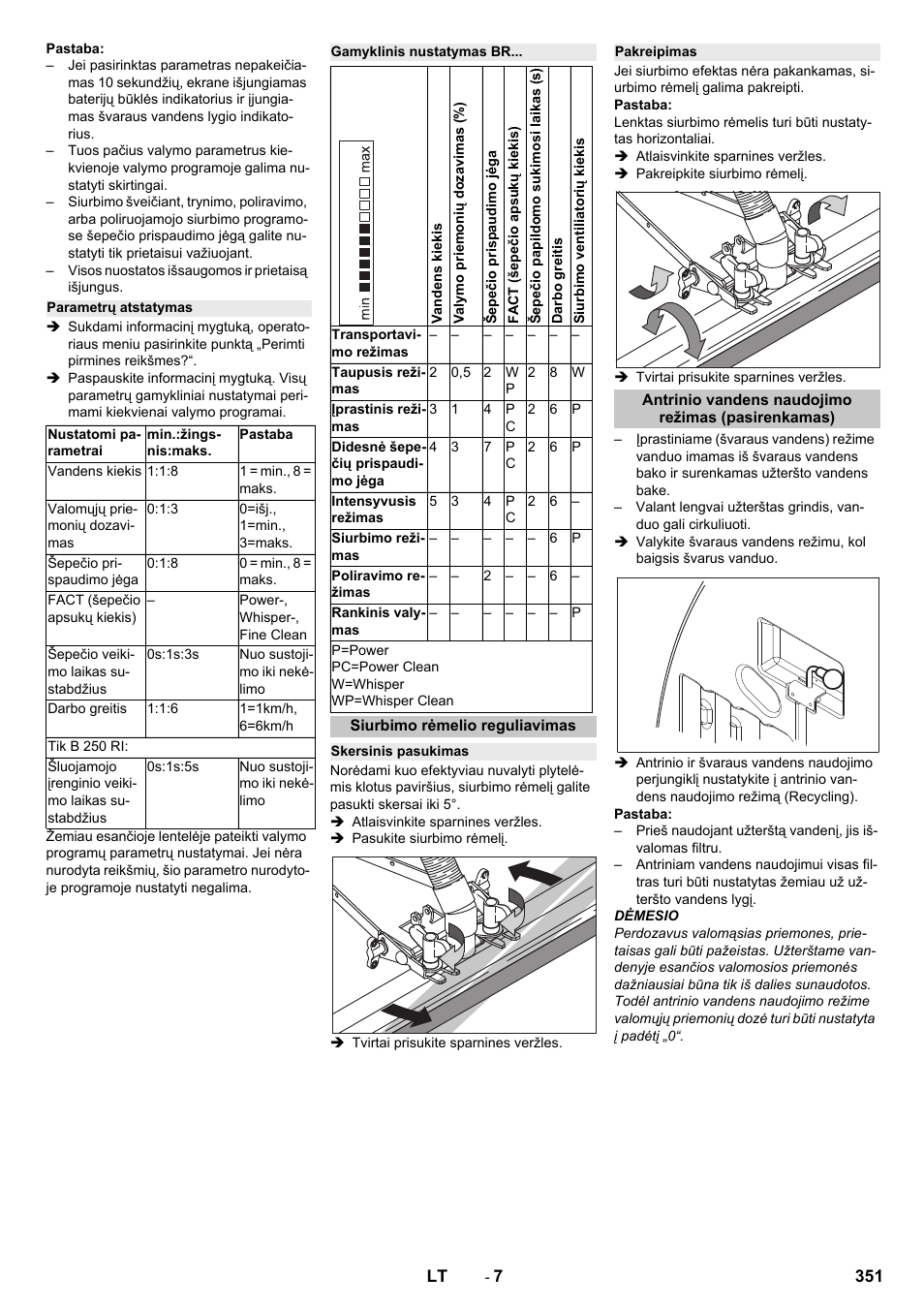 Parametrų atstatymas, Gamyklinis nustatymas br, Siurbimo rėmelio reguliavimas | Skersinis pasukimas, Pakreipimas, Antrinio vandens naudojimo režimas (pasirenkamas) | Karcher B 250 R I Bp User Manual | Page 351 / 376