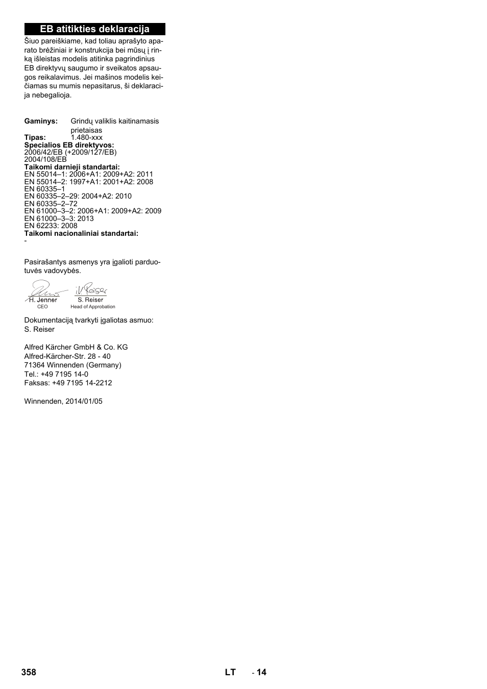 Eb atitikties deklaracija | Karcher B 250 R I Bp User Manual | Page 358 / 376