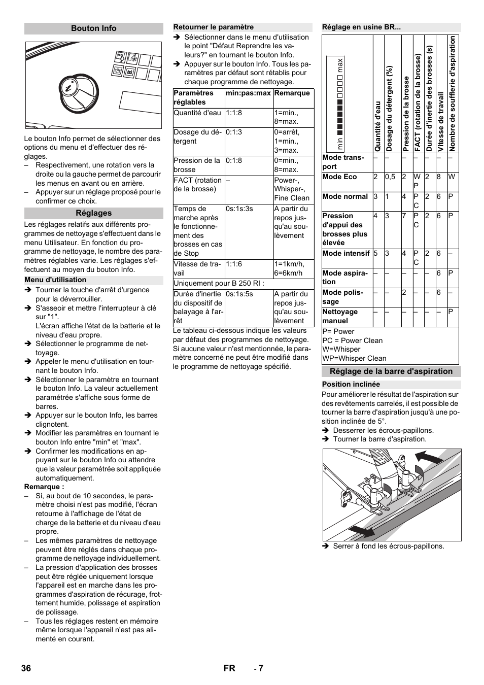 Bouton info, Réglages, Menu d'utilisation | Retourner le paramètre, Réglage en usine br, Réglage de la barre d'aspiration, Position inclinée | Karcher B 250 R I Bp User Manual | Page 36 / 376