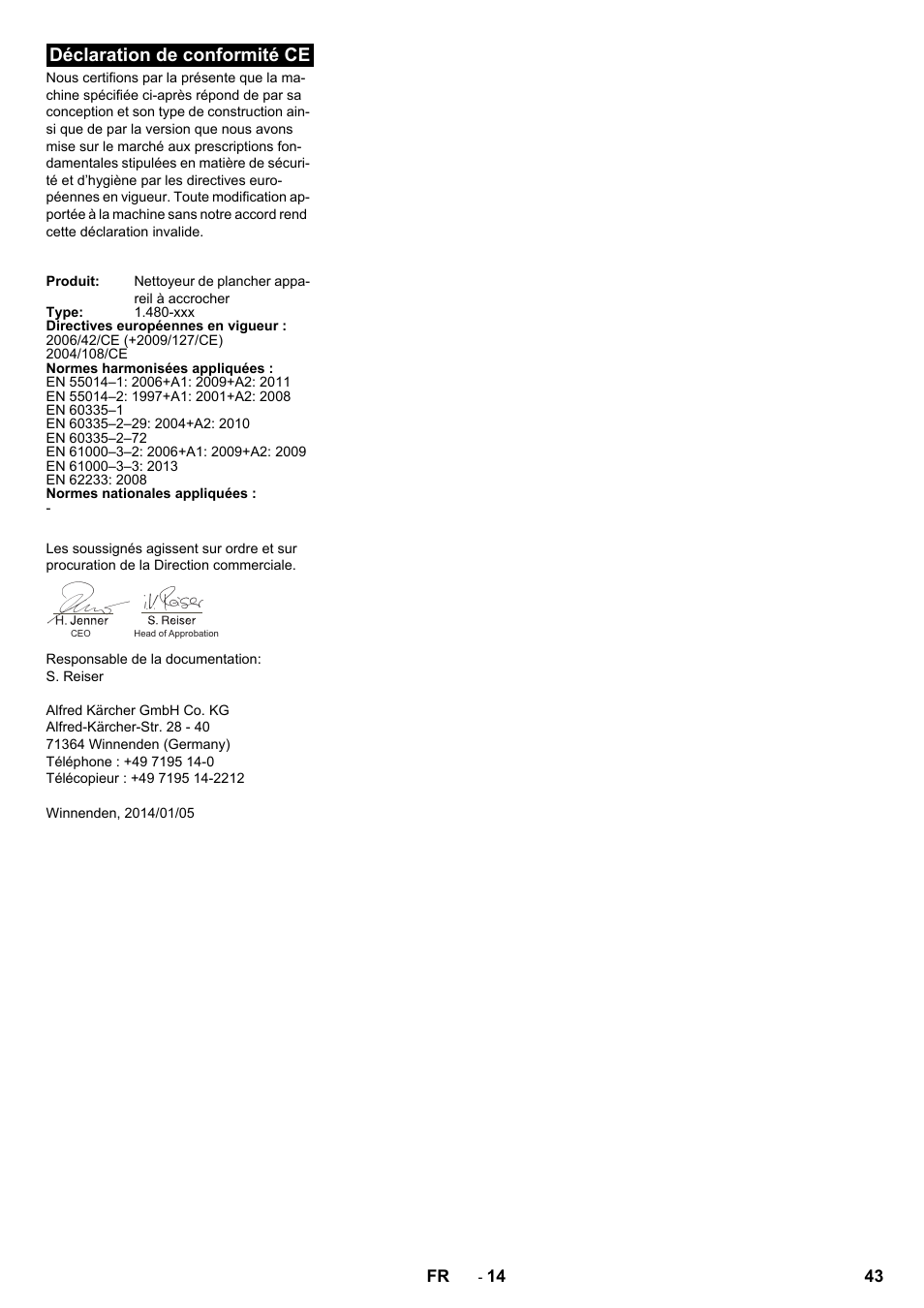 Déclaration de conformité ce | Karcher B 250 R I Bp User Manual | Page 43 / 376
