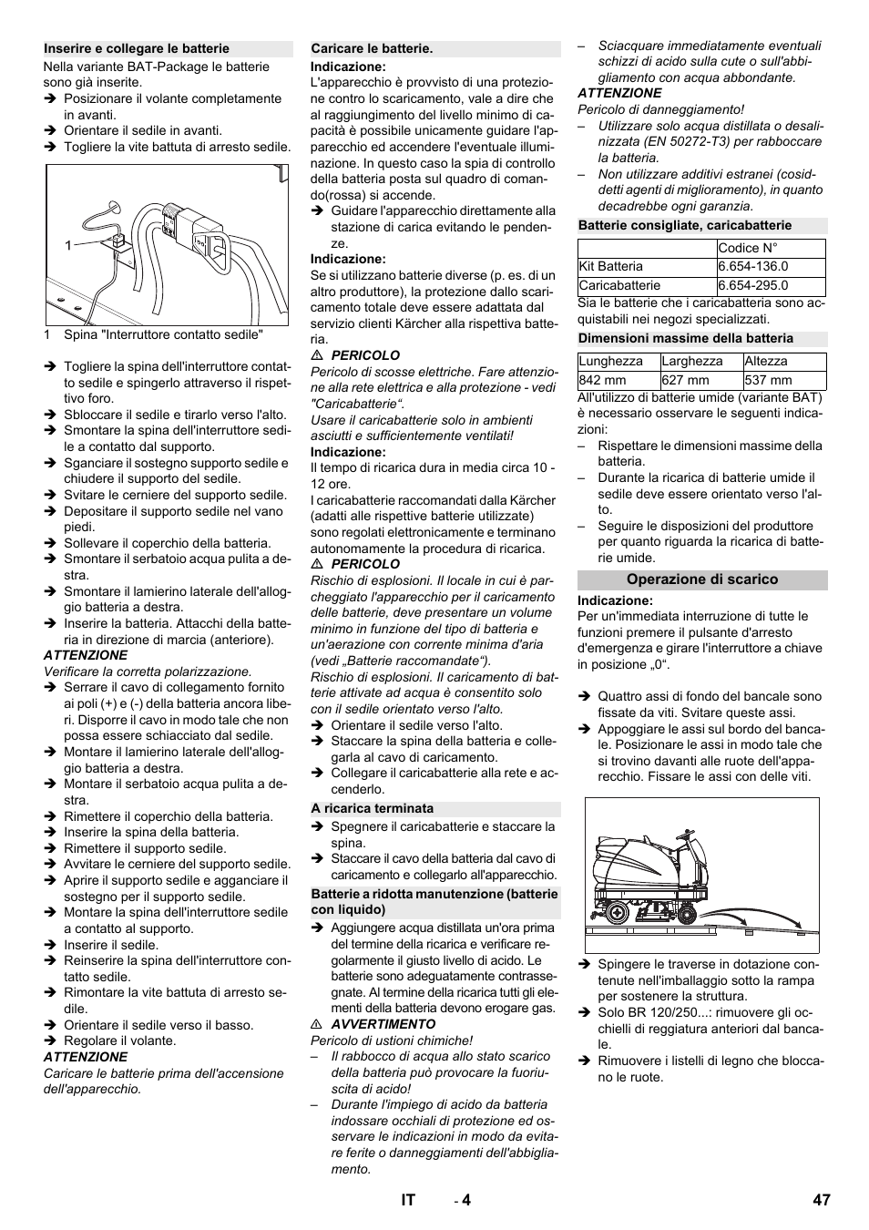 Inserire e collegare le batterie, Caricare le batterie, A ricarica terminata | Batterie consigliate, caricabatterie, Dimensioni massime della batteria, Operazione di scarico | Karcher B 250 R I Bp User Manual | Page 47 / 376