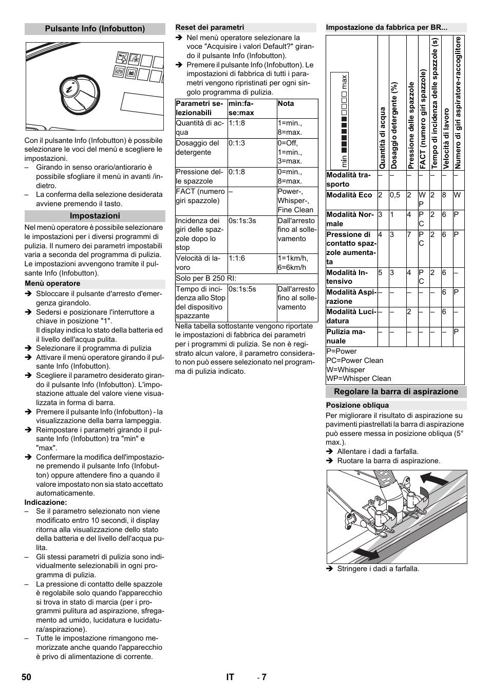 Pulsante info (infobutton), Impostazioni, Menù operatore | Reset dei parametri, Impostazione da fabbrica per br, Regolare la barra di aspirazione, Posizione obliqua | Karcher B 250 R I Bp User Manual | Page 50 / 376