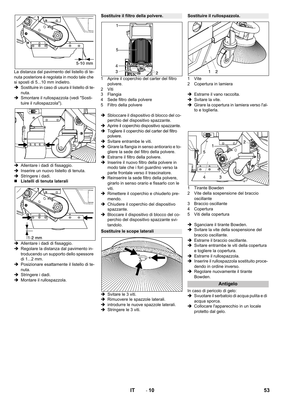 Sostituire il filtro della polvere, Sostituire le scope laterali, Sostituire il rullospazzola | Antigelo | Karcher B 250 R I Bp User Manual | Page 53 / 376