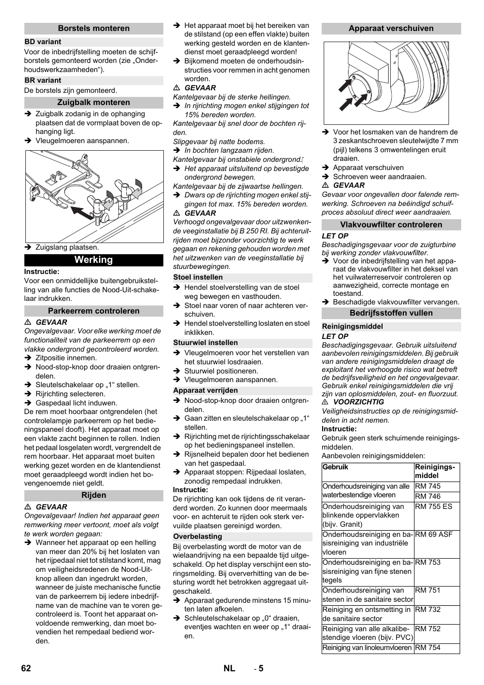 Borstels monteren, Bd variant, Br variant | Zuigbalk monteren, Werking, Parkeerrem controleren, Rijden, Stoel instellen, Stuurwiel instellen, Apparaat verrijden | Karcher B 250 R I Bp User Manual | Page 62 / 376