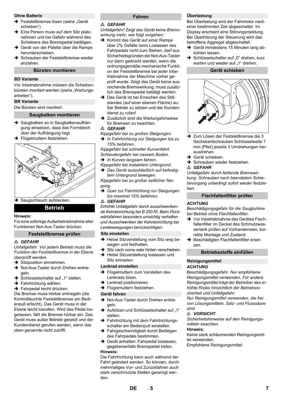 Ohne batterie, Bürsten montieren, Bd variante | Br variante, Saugbalken montieren, Betrieb, Feststellbremse prüfen, Fahren, Sitz einstellen, Lenkrad einstellen | Karcher B 250 R I Bp User Manual | Page 7 / 376