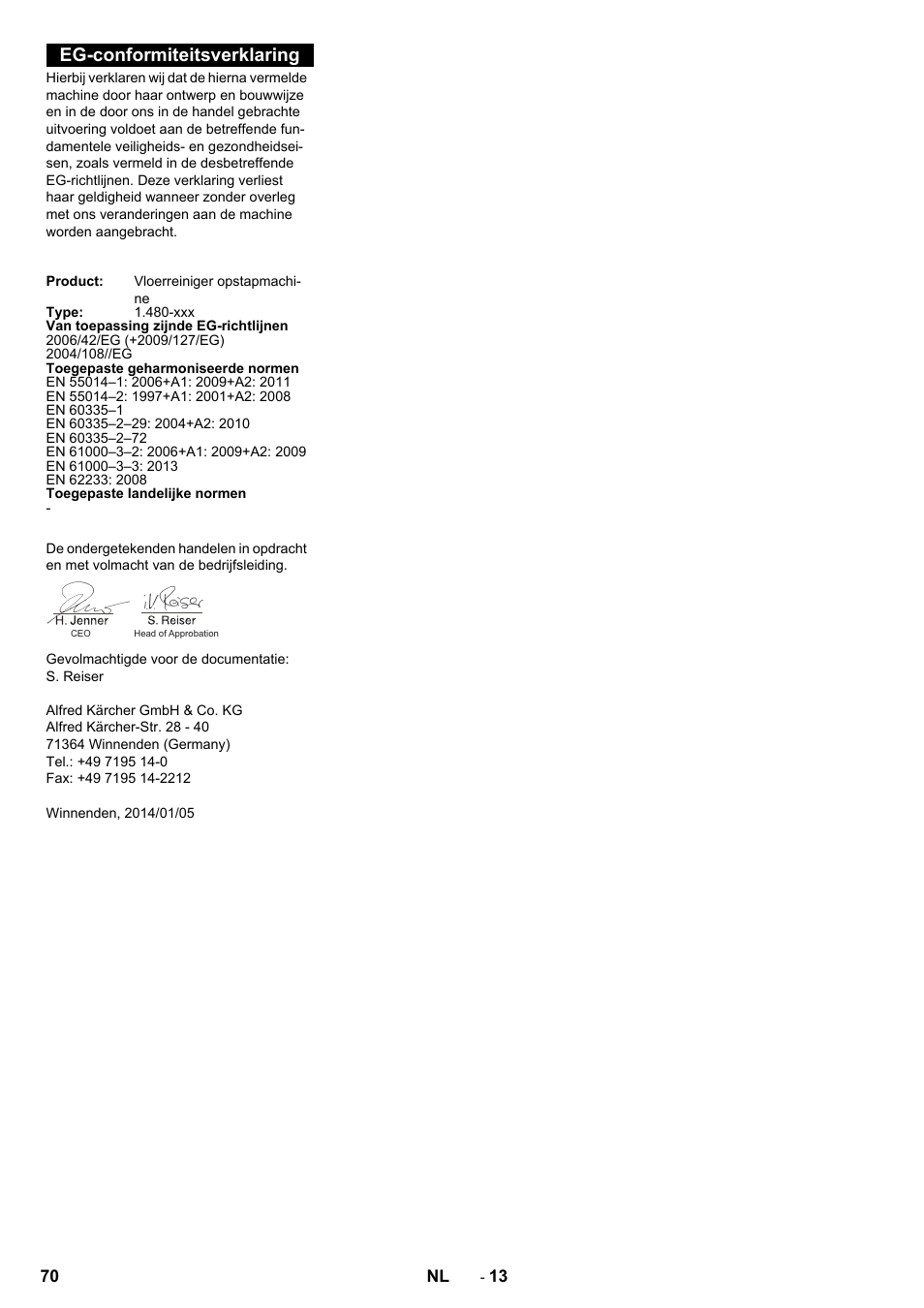 Eg-conformiteitsverklaring | Karcher B 250 R I Bp User Manual | Page 70 / 376