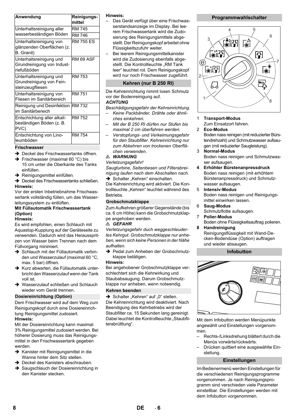 Frischwasser, Dosiereinrichtung (option), Kehren (nur b 250 ri) | Grobschmutzklappe, Kehren beenden, Programmwahlschalter, Infobutton, Einstellungen | Karcher B 250 R I Bp User Manual | Page 8 / 376
