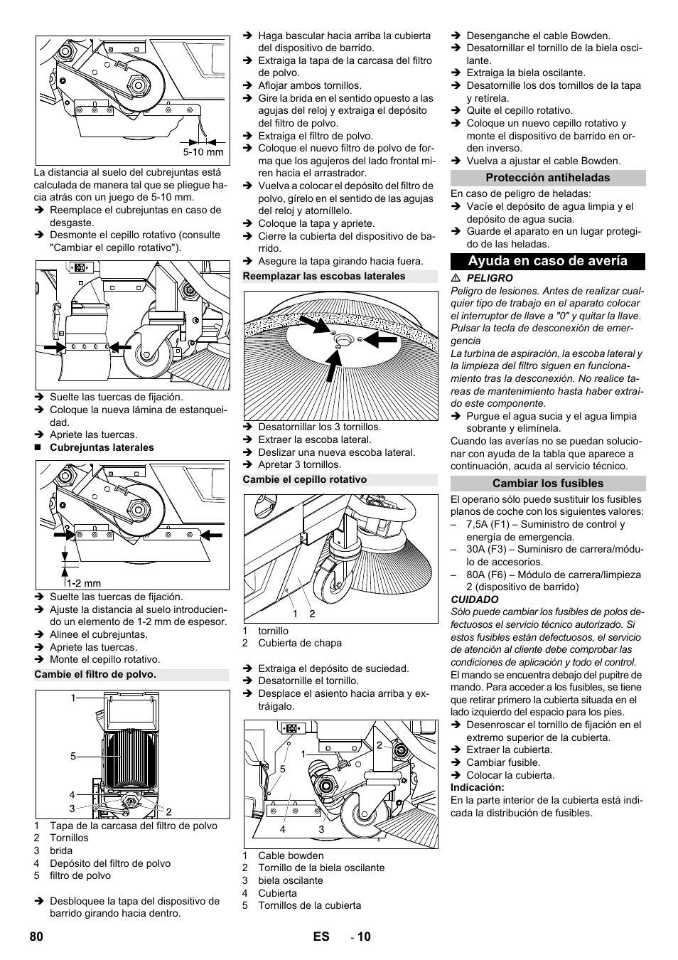 Cambie el filtro de polvo, Reemplazar las escobas laterales, Cambie el cepillo rotativo | Protección antiheladas, Ayuda en caso de avería, Cambiar los fusibles | Karcher B 250 R I Bp User Manual | Page 80 / 376