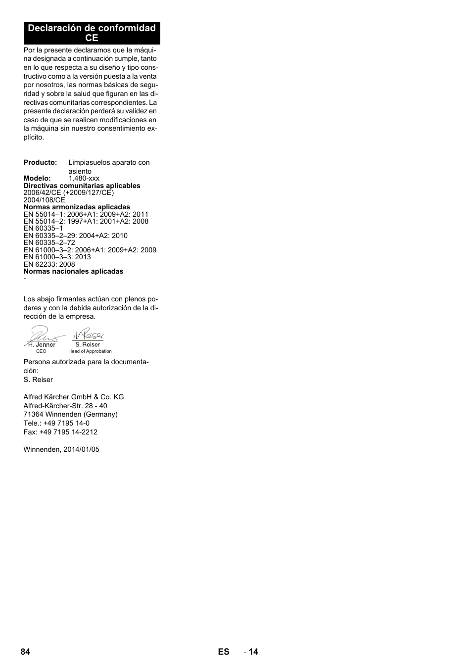 Declaración de conformidad ce | Karcher B 250 R I Bp User Manual | Page 84 / 376