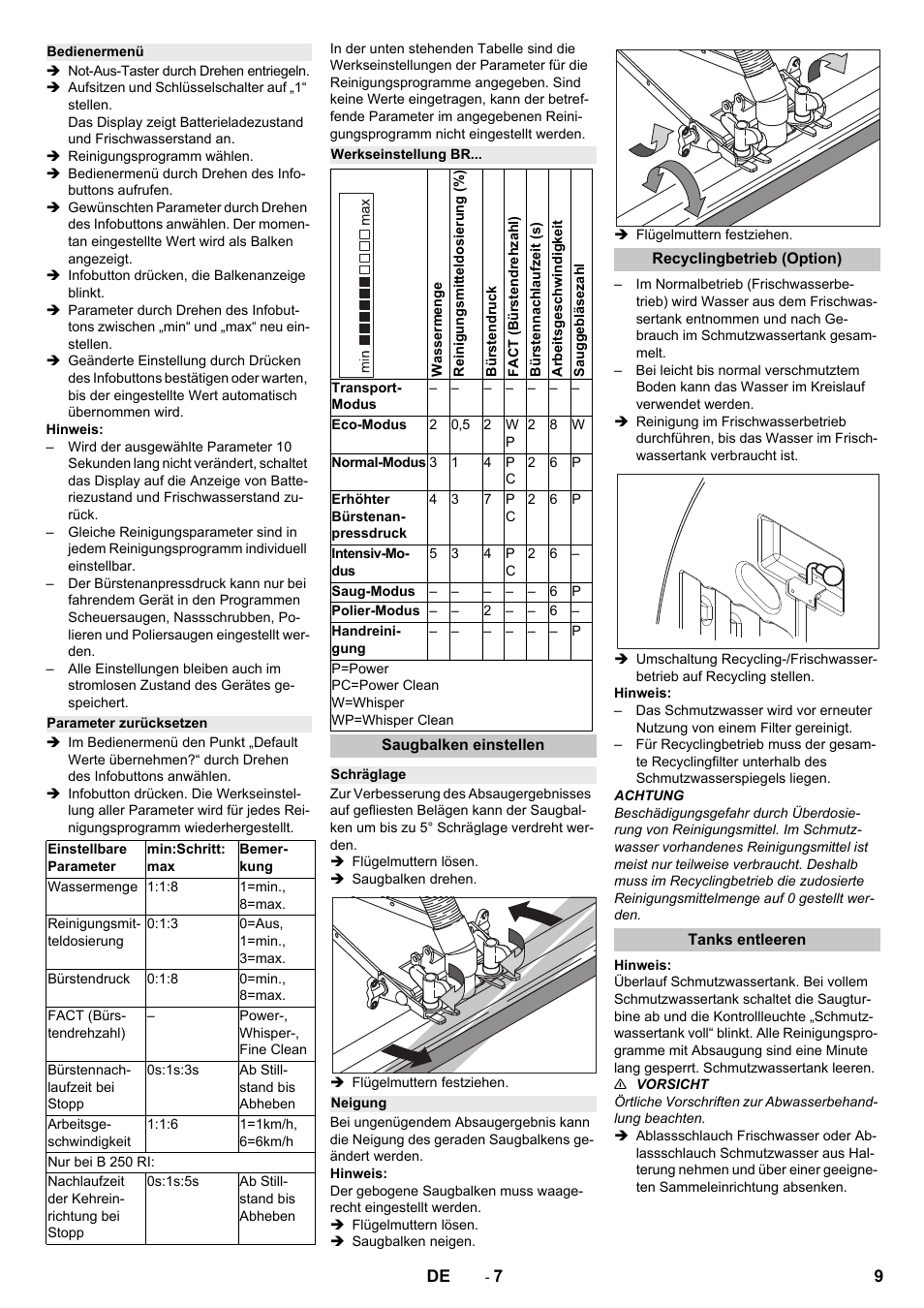 Bedienermenü, Parameter zurücksetzen, Werkseinstellung br | Saugbalken einstellen, Schräglage, Neigung, Recyclingbetrieb (option), Tanks entleeren | Karcher B 250 R I Bp User Manual | Page 9 / 376