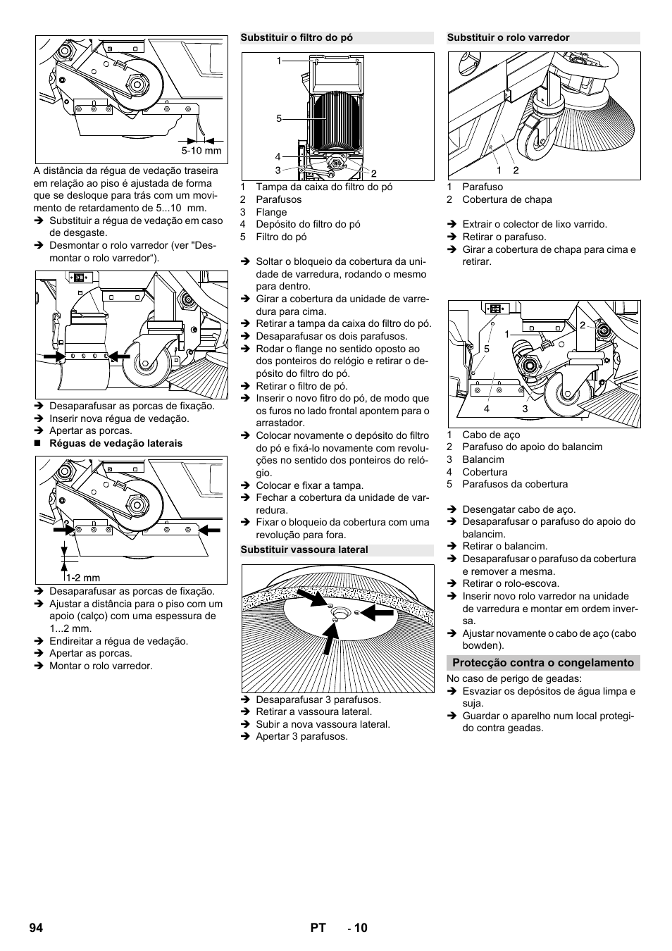 Substituir o filtro do pó, Substituir vassoura lateral, Substituir o rolo varredor | Protecção contra o congelamento | Karcher B 250 R I Bp User Manual | Page 94 / 376