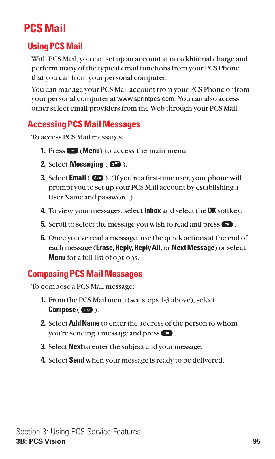 Pcs mail, Using pcs mail, Accessing pcs mail messages | Composing pcs mail messages | Audiovox VI600 User Manual | Page 103 / 154