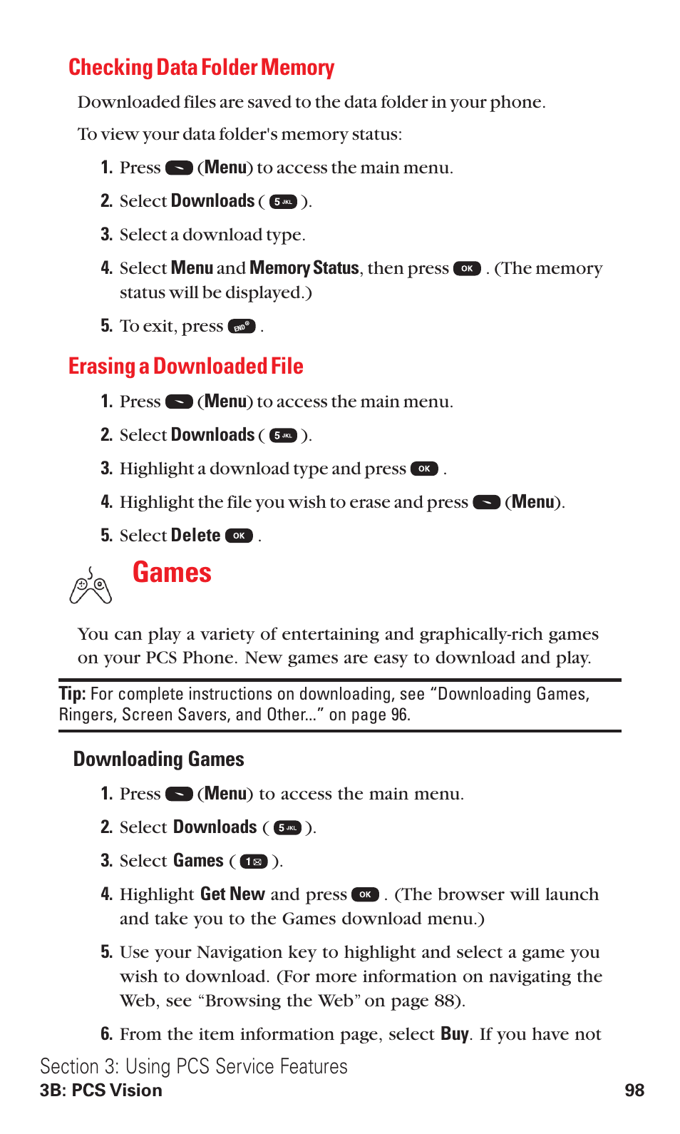 Checking data folder memory, Erasing a downloaded file, Games | Audiovox VI600 User Manual | Page 106 / 154