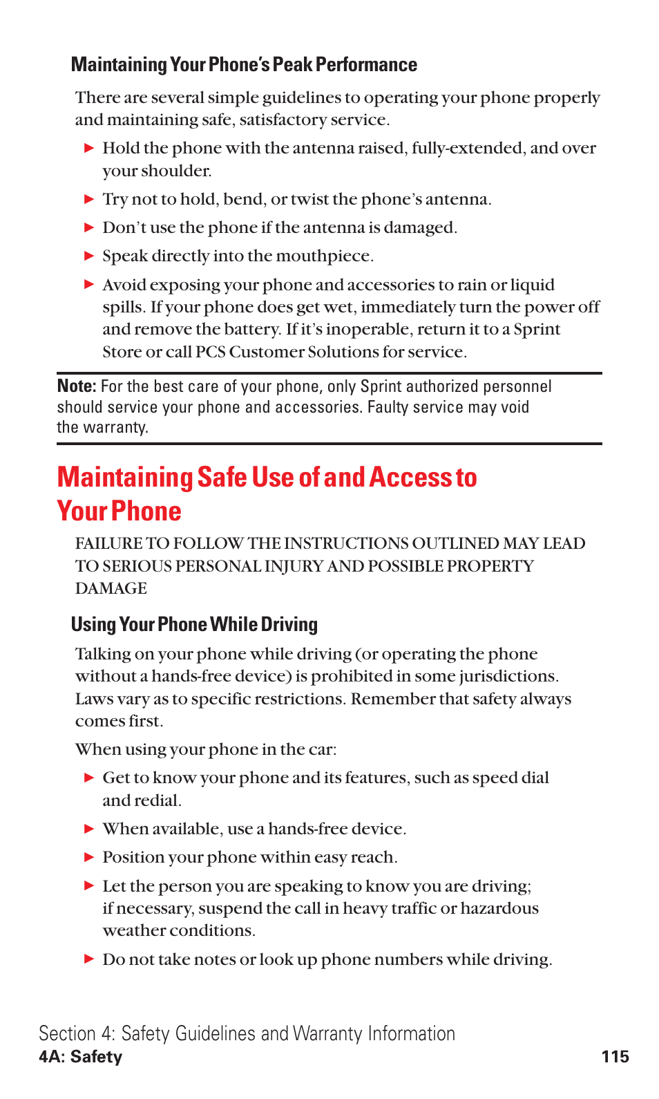 Maintaining safe use of and access to your phone, Maintaining your phone’s peak performance, Using your phone while driving | Audiovox VI600 User Manual | Page 123 / 154