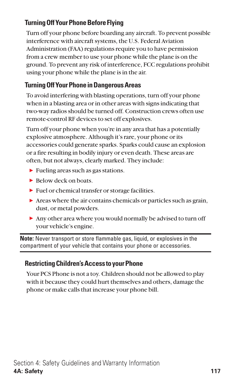 Turning off your phone before flying, Turning off your phone in dangerous areas, Restricting children’s access to your phone | Audiovox VI600 User Manual | Page 125 / 154