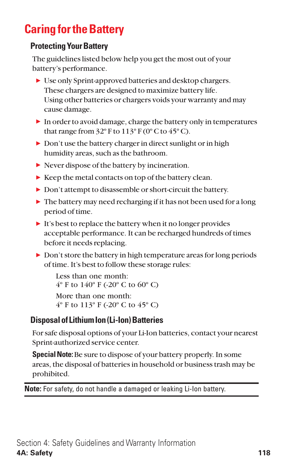 Caring for the battery, Protecting your battery, Disposal of lithium ion (li-ion) batteries | Audiovox VI600 User Manual | Page 126 / 154