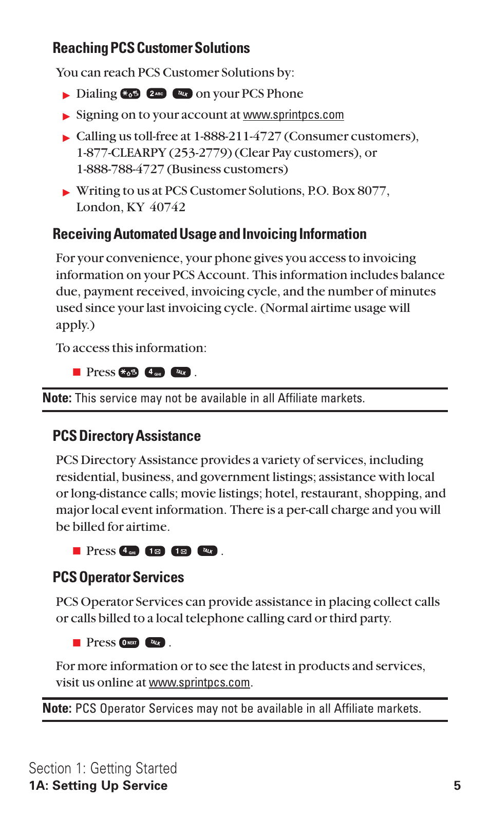 Reaching pcs customer solutions, Pcs directory assistance, Pcs operator services | Audiovox VI600 User Manual | Page 13 / 154