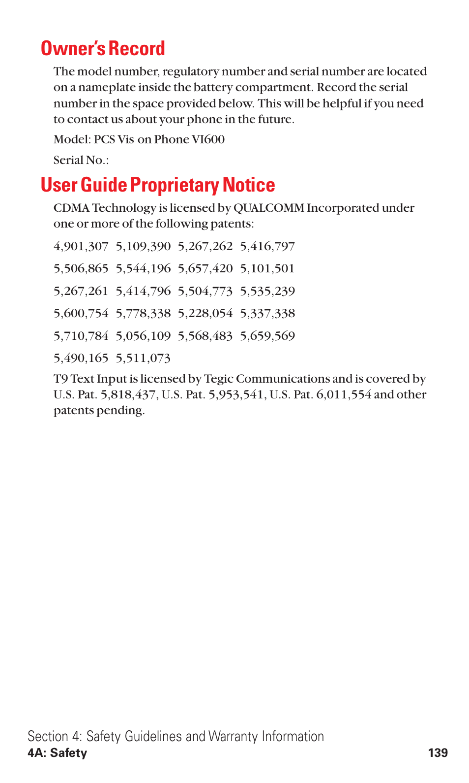 Owner’s record, User guide proprietary notice | Audiovox VI600 User Manual | Page 147 / 154