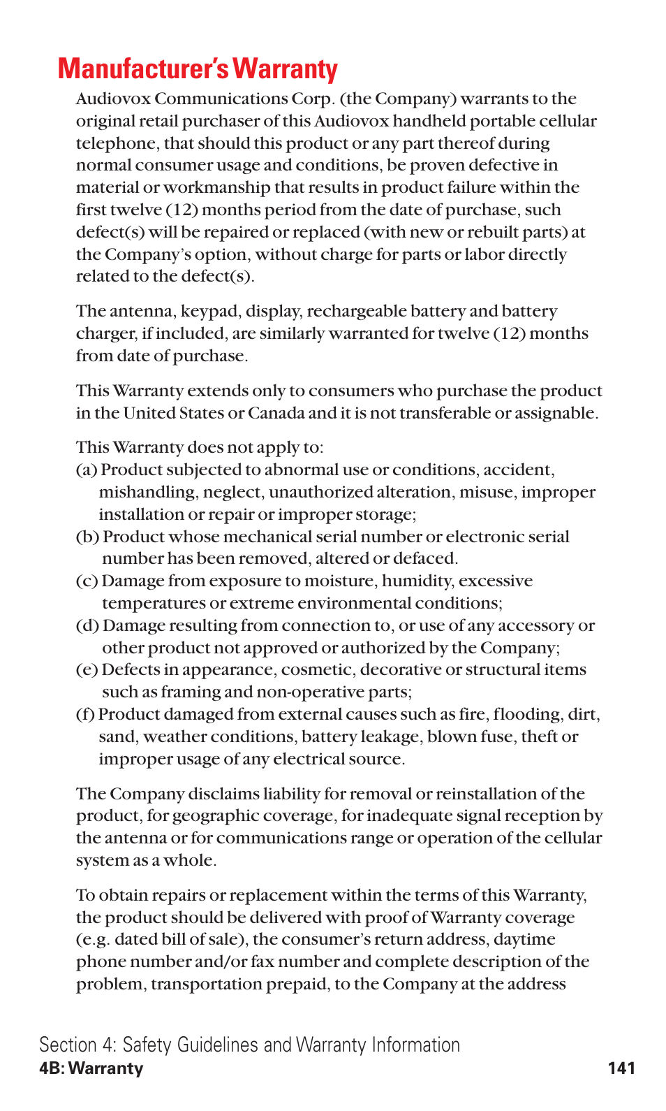 Manufacturer’s warranty | Audiovox VI600 User Manual | Page 149 / 154