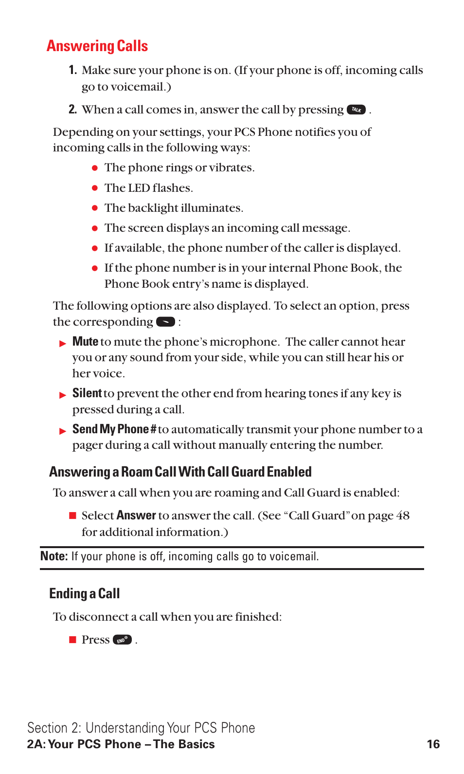 Answering calls, Answering a roam call with call guard enabled, Ending a call | Audiovox VI600 User Manual | Page 24 / 154