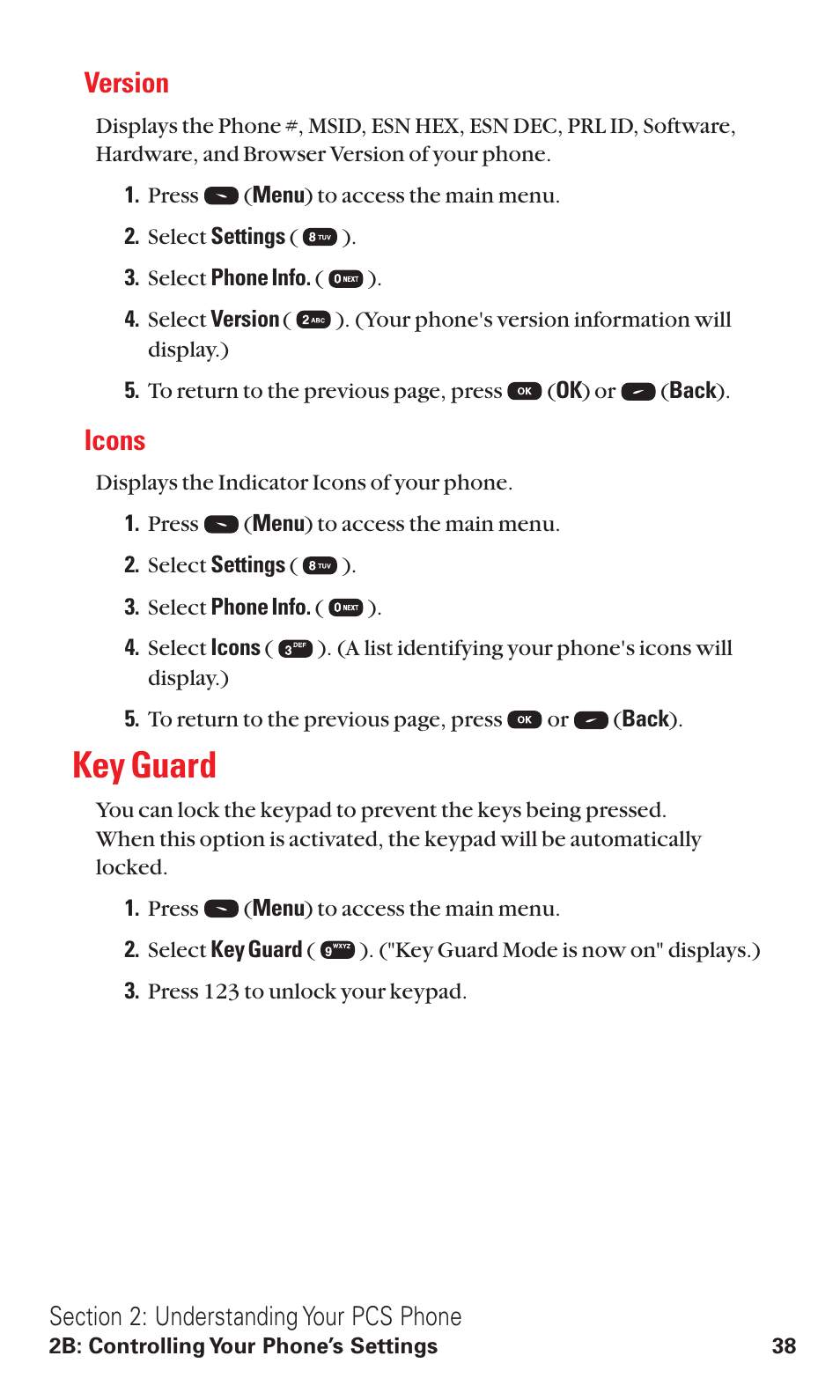 Version, Icons, Key guard | Audiovox VI600 User Manual | Page 46 / 154