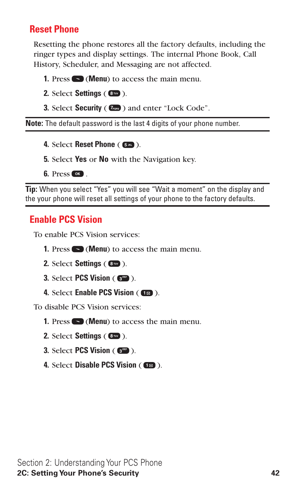 Reset phone, Enable pcs vision | Audiovox VI600 User Manual | Page 50 / 154