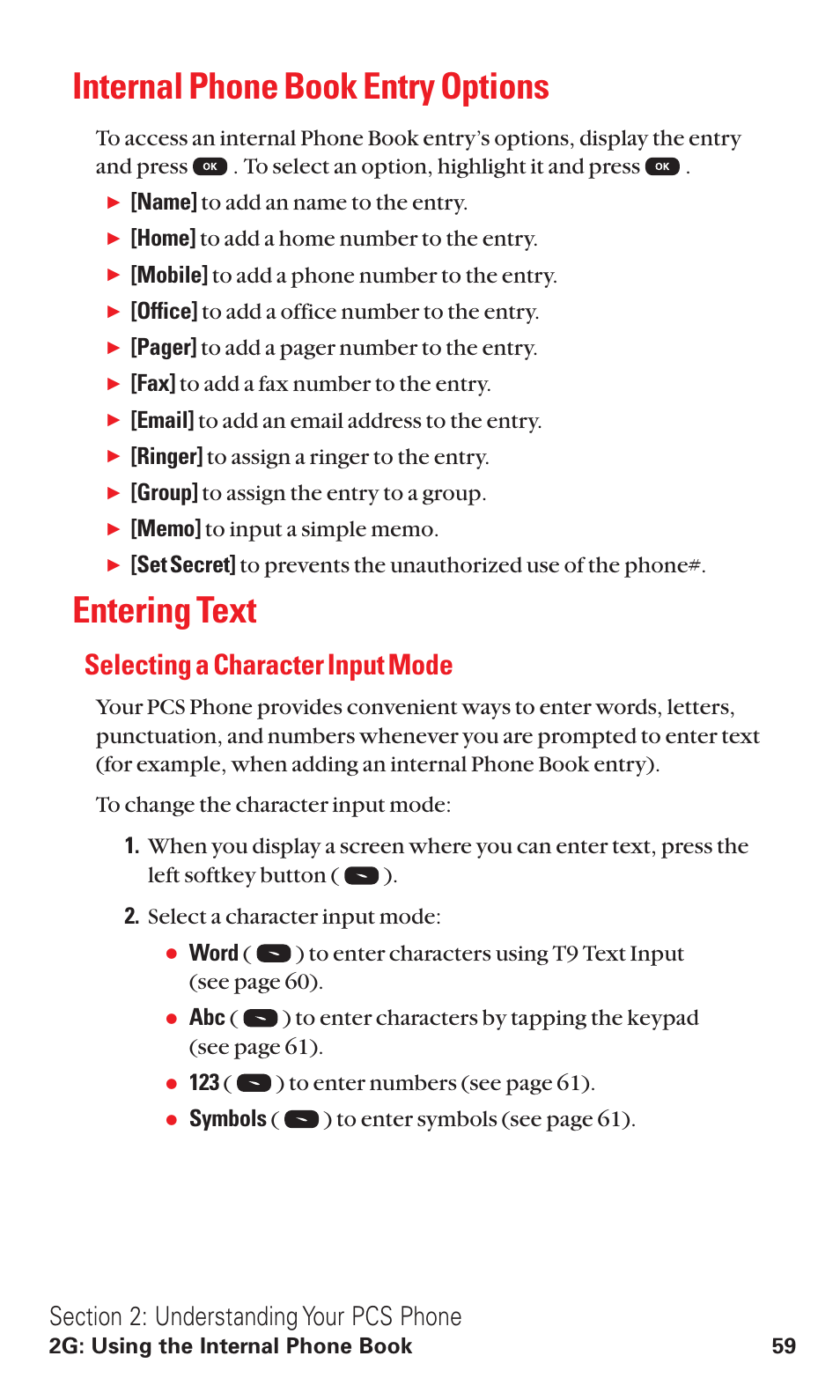 Internal phone book entry options, Entering text, Selecting a character input mode | Audiovox VI600 User Manual | Page 67 / 154