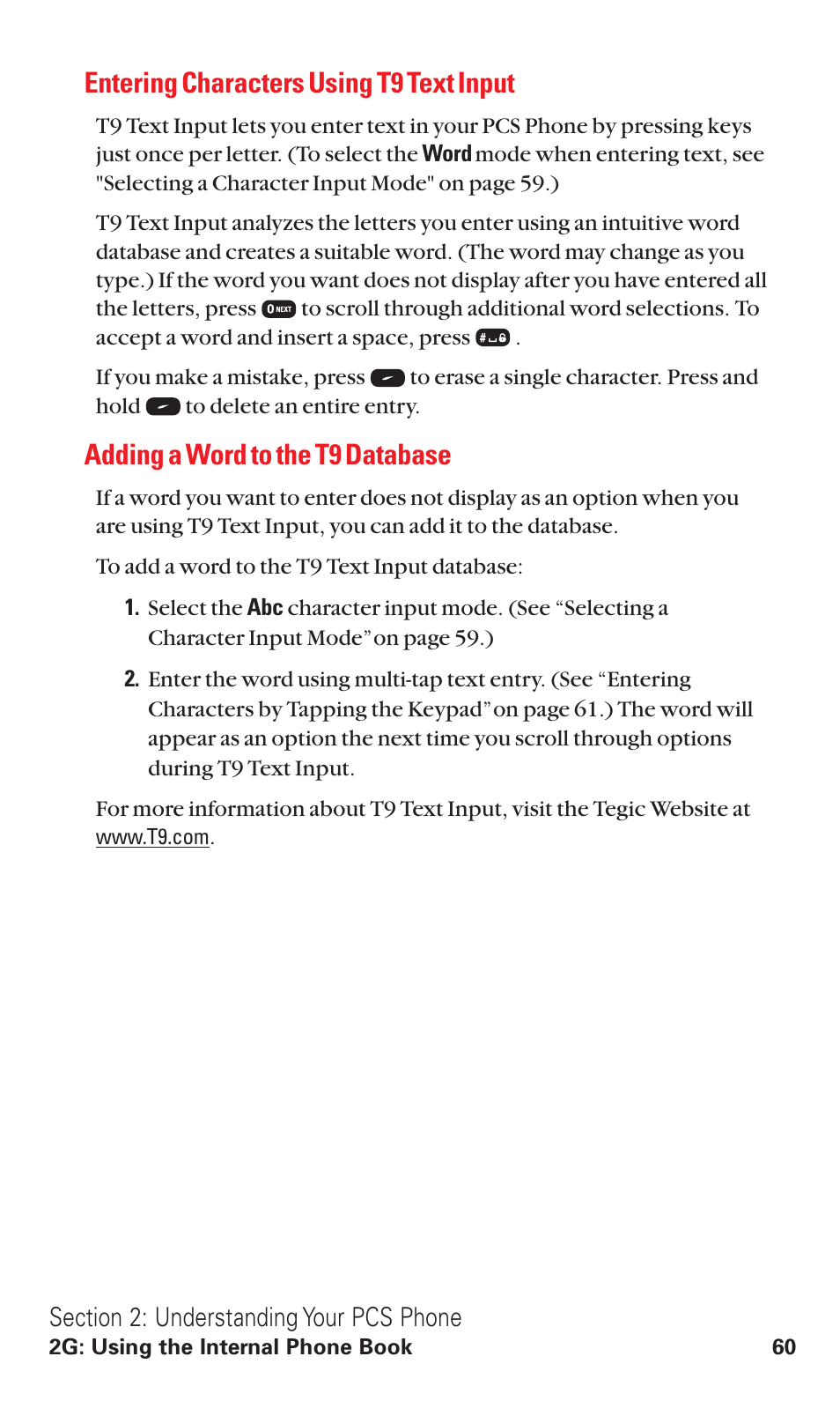 Entering characters using t9 text input, Adding a word to the t9 database, E 60) | Audiovox VI600 User Manual | Page 68 / 154