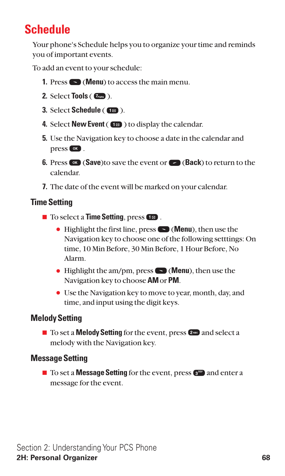 Schedule, Time setting, Melody setting | Message setting | Audiovox VI600 User Manual | Page 76 / 154