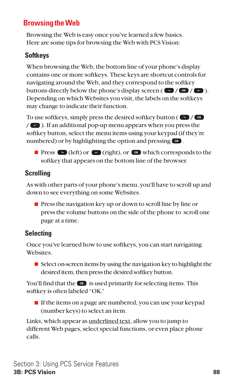 Browsing the web, Softkeys, Scrolling | Selecting | Audiovox VI600 User Manual | Page 96 / 154