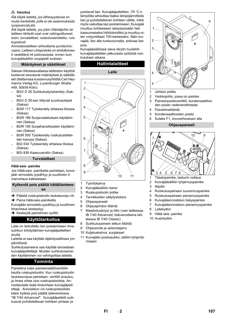 Käyttötarkoitus toiminta hallintalaitteet | Karcher IB 7-40 Advanced User Manual | Page 107 / 288