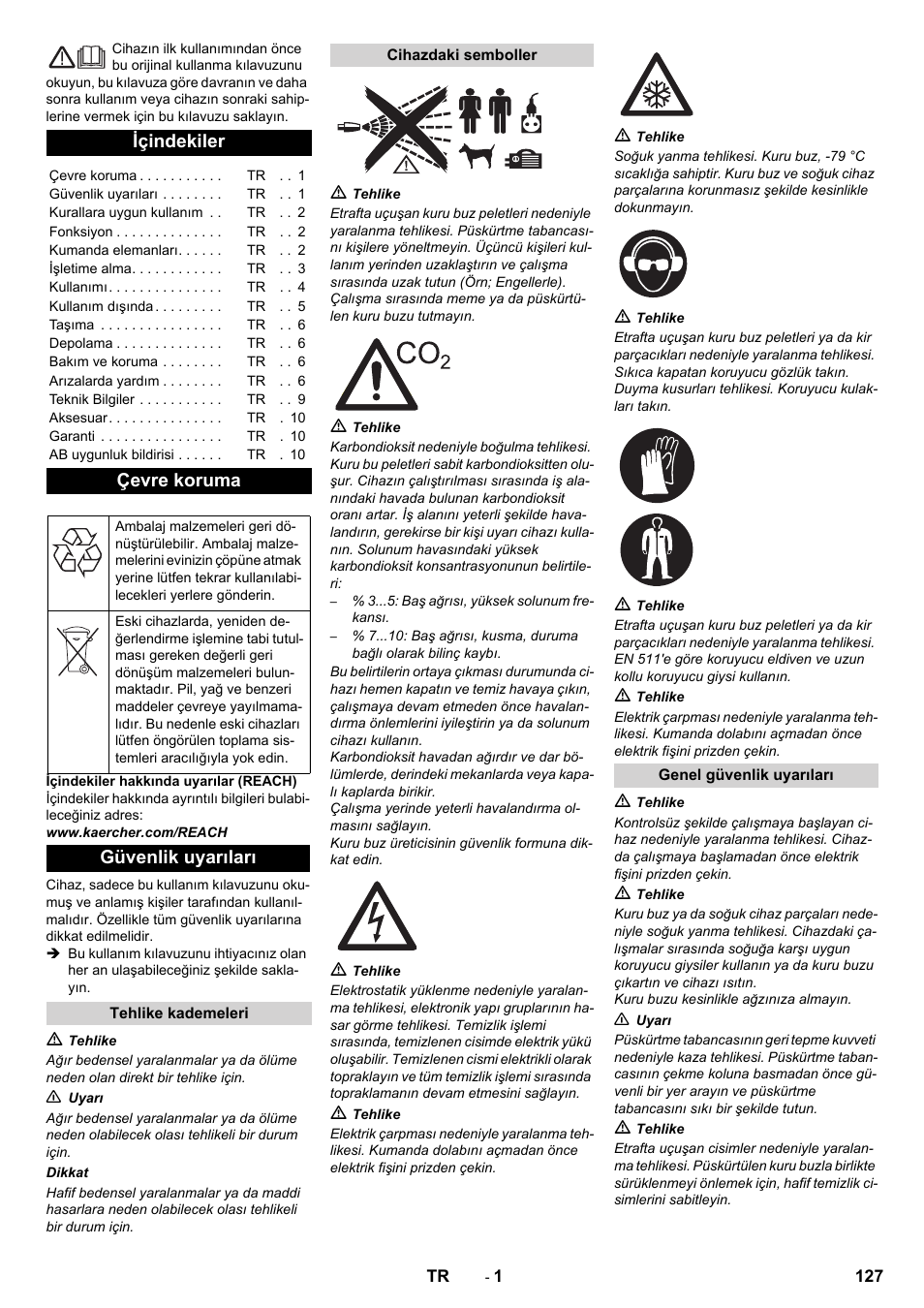 Türkçe, Içindekiler, Çevre koruma | Güvenlik uyarıları | Karcher IB 7-40 Advanced User Manual | Page 127 / 288