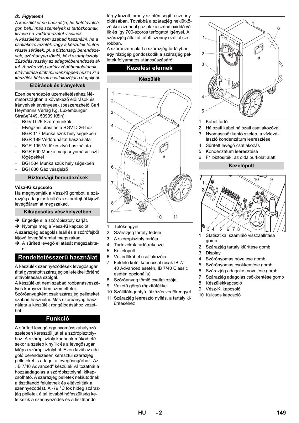 Rendeltetésszerű használat funkció kezelési elemek | Karcher IB 7-40 Advanced User Manual | Page 149 / 288