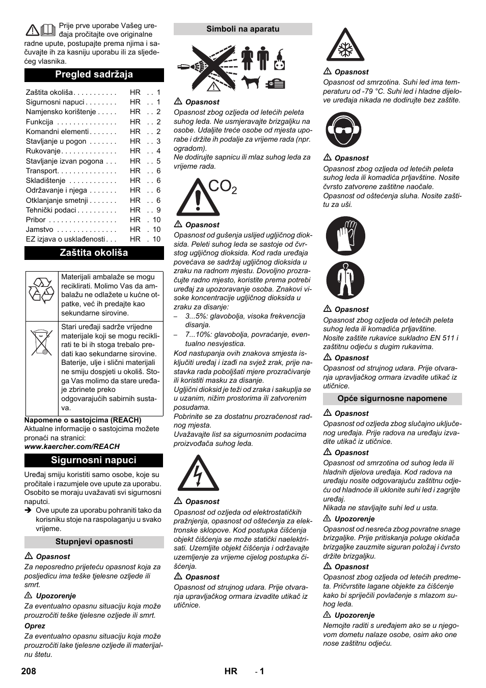 Hrvatski, Pregled sadržaja, Zaštita okoliša | Sigurnosni napuci | Karcher IB 7-40 Advanced User Manual | Page 208 / 288