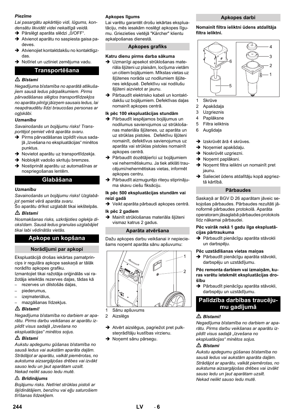 Transportēšana glabāšana apkope un kopšana, Palīdzība darbības traucēju- mu gadījumā | Karcher IB 7-40 Advanced User Manual | Page 244 / 288