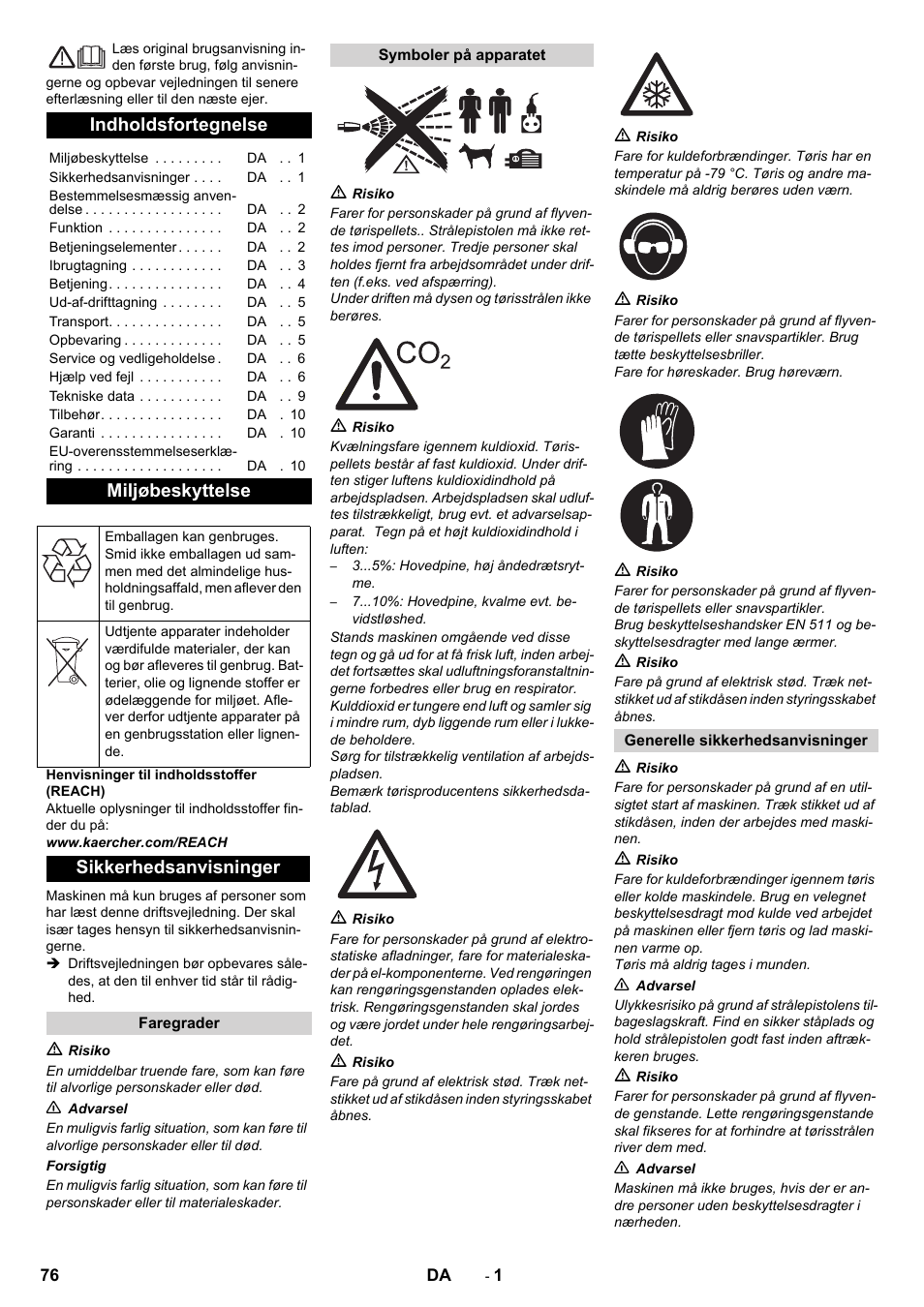 Dansk, Indholdsfortegnelse, Miljøbeskyttelse | Sikkerhedsanvisninger | Karcher IB 7-40 Advanced User Manual | Page 76 / 288