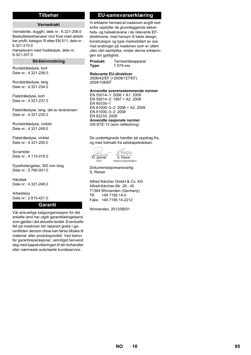 Tilbehør, Garanti eu-samsvarserklæring | Karcher IB 7-40 Advanced User Manual | Page 95 / 288