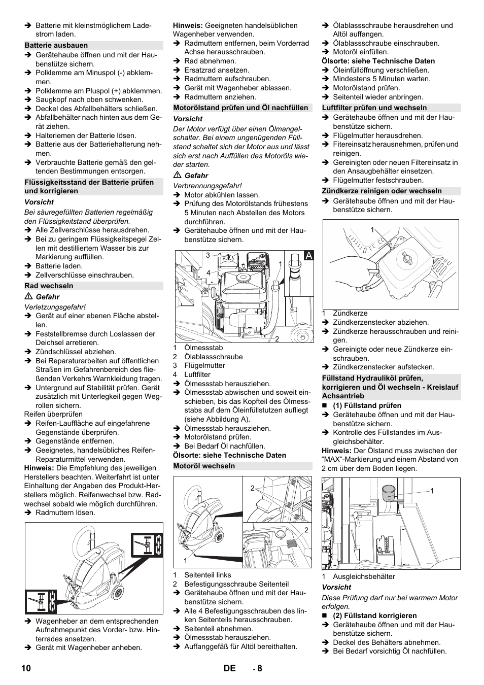 Batterie ausbauen, Rad wechseln, Motorölstand prüfen und öl nachfüllen | Motoröl wechseln, Luftfilter prüfen und wechseln, Zündkerze reinigen oder wechseln | Karcher IC 15-240 W Adv User Manual | Page 10 / 308