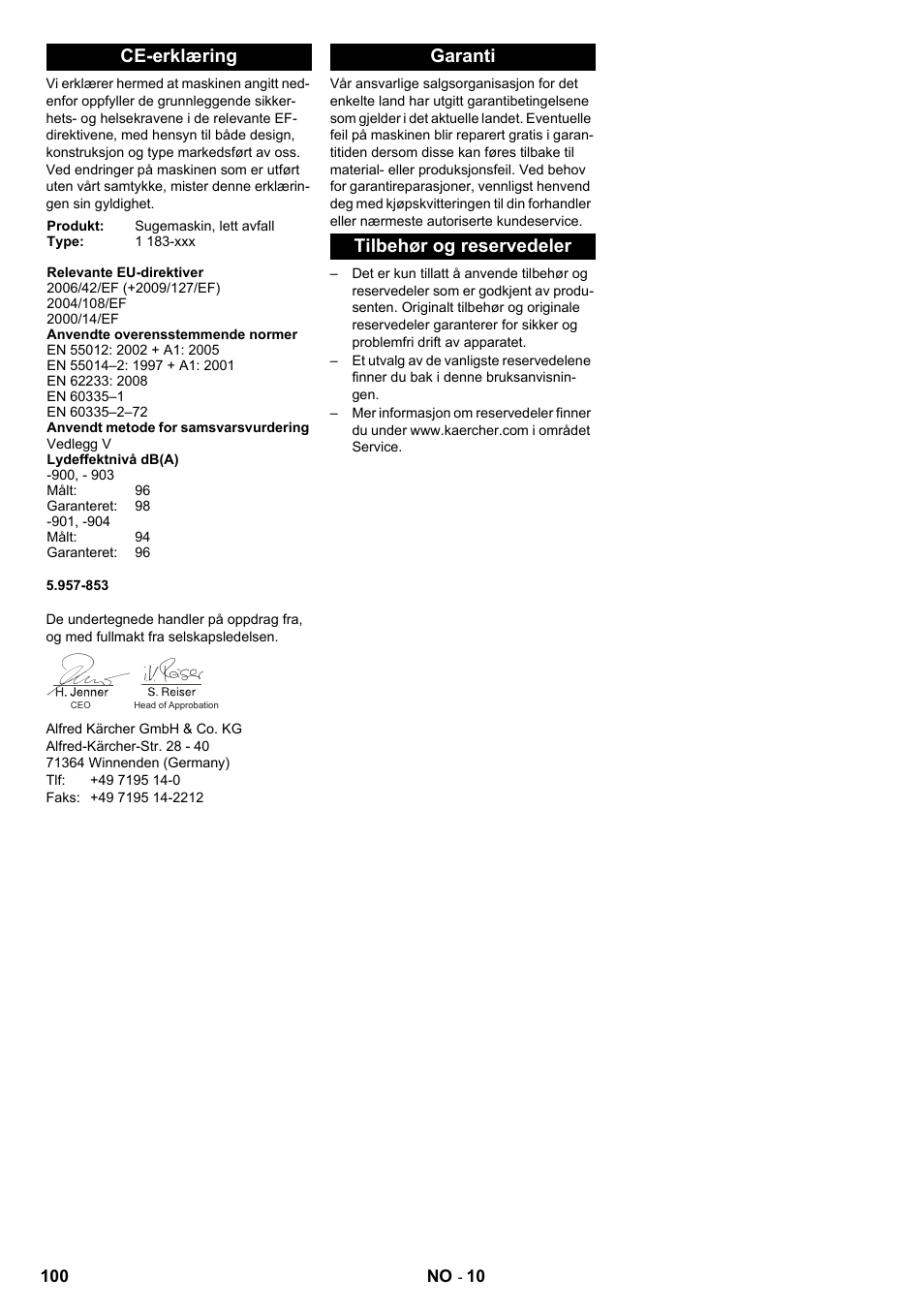 Ce-erklæring, Garanti tilbehør og reservedeler | Karcher IC 15-240 W Adv User Manual | Page 100 / 308