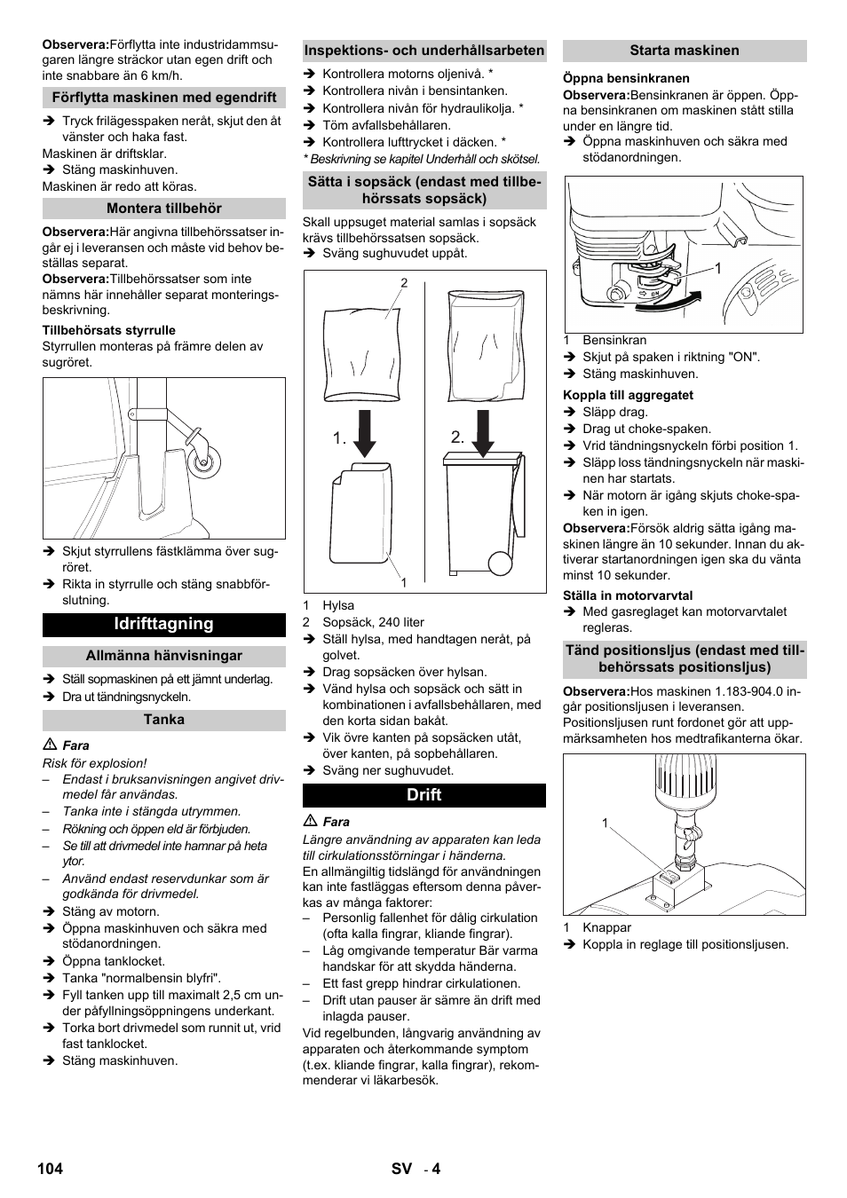 Idrifttagning, Drift | Karcher IC 15-240 W Adv User Manual | Page 104 / 308